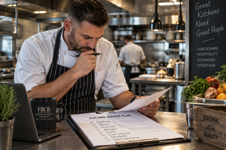 Kitchen manager briefing a relief chef before service in a Lancashire restaurant