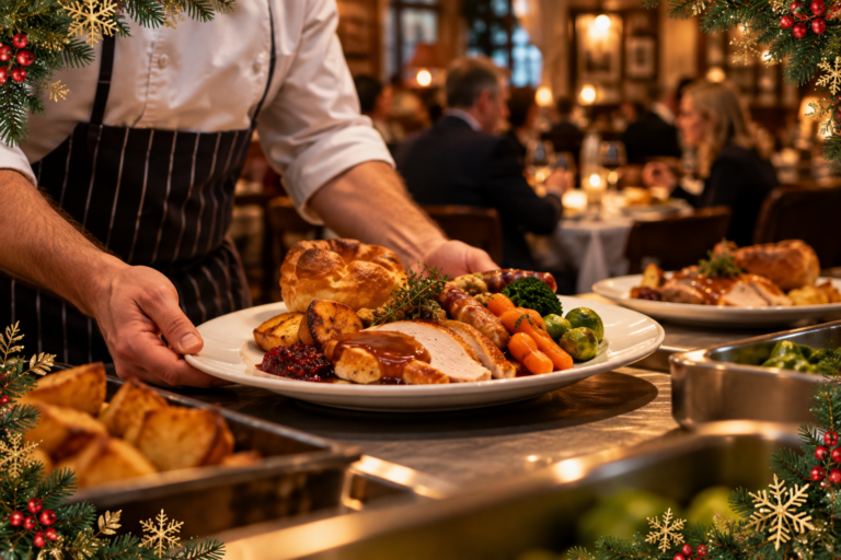 Chef serving a Christmas turkey roast in a festive restaurant dining room