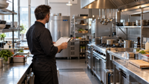 Chef-manager reviewing kitchen equipment and preparation areas in a commercial kitchen.
