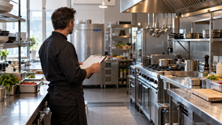 Chef-manager reviewing kitchen equipment and preparation areas in a commercial kitchen.